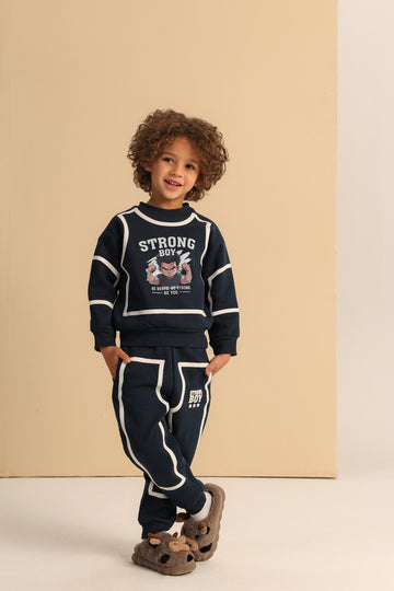 Boys’ Strong Boy Graphic Sweatshirt & Jogger Set – Navy Contrast Trim Tracksuit
