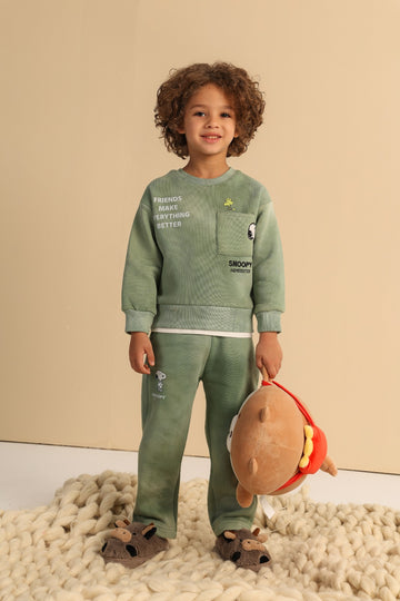 Boys’ Snoopy Green Sweatshirt & Jogger Set – Casual 2-Piece Tracksuit