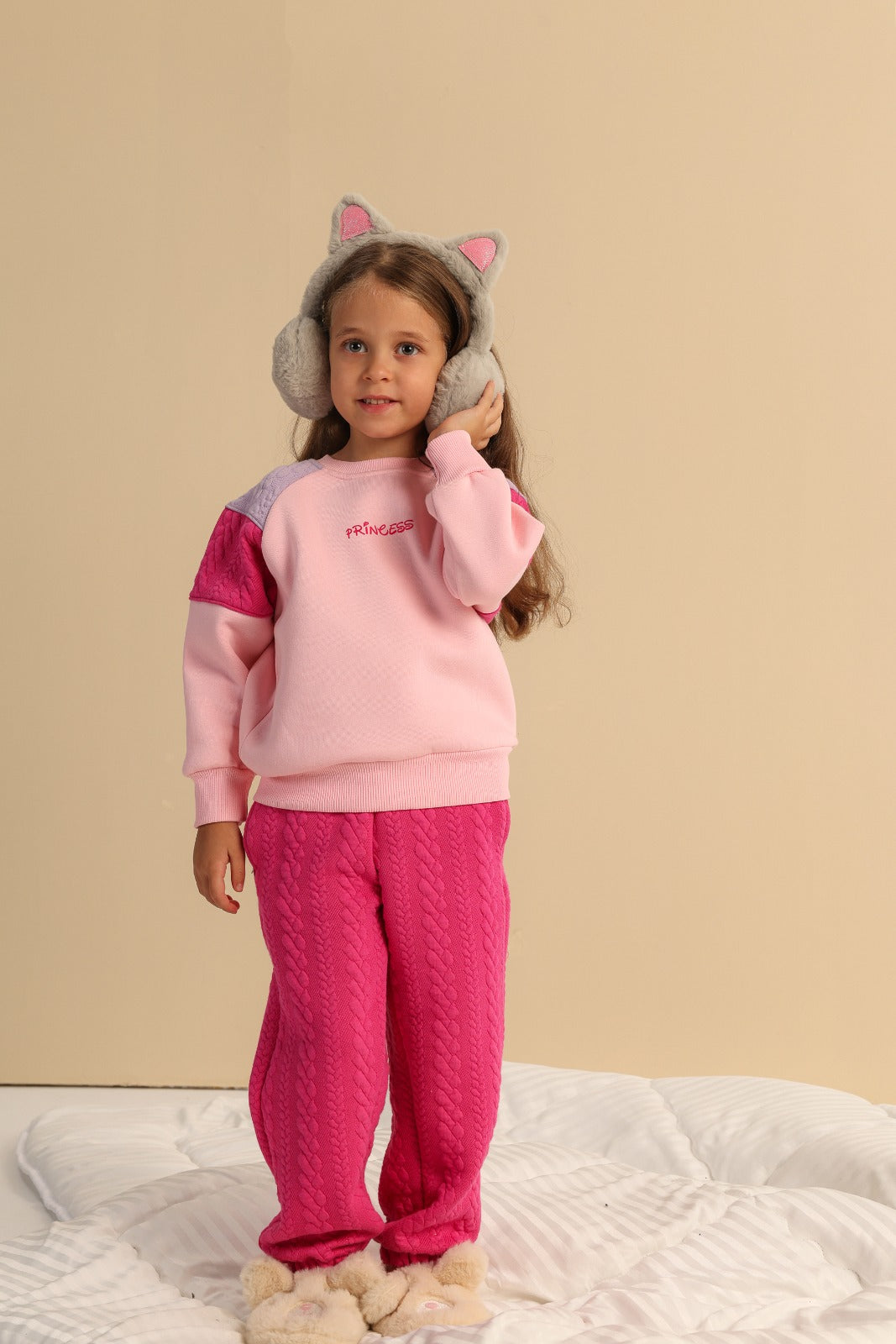 Girls’ Pink Sweatshirt & Textured Jogger Set with Bow Castle Graphic