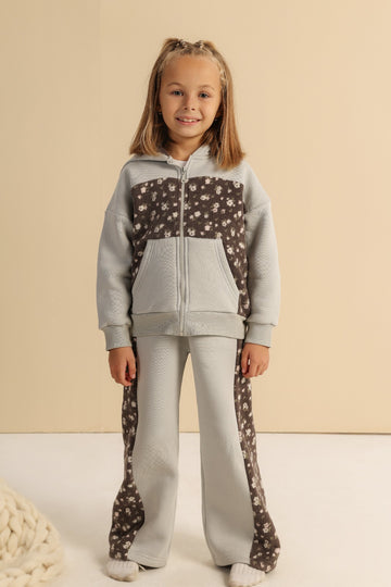 Girls’ Floral Fleece Panel Tracksuit Set – Zip-Up Hoodie & Wide-Leg Pants in Grey and Brown