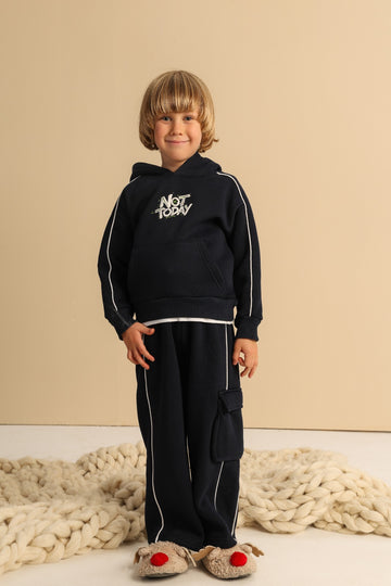 Boys’ Navy Blue Hoodie and Cargo Jogger Set with Graphic Print & White Piping