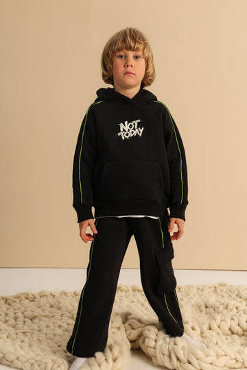 Boys Midnight Black Hoodie and Cargo Jogger Set – White Piping Detail