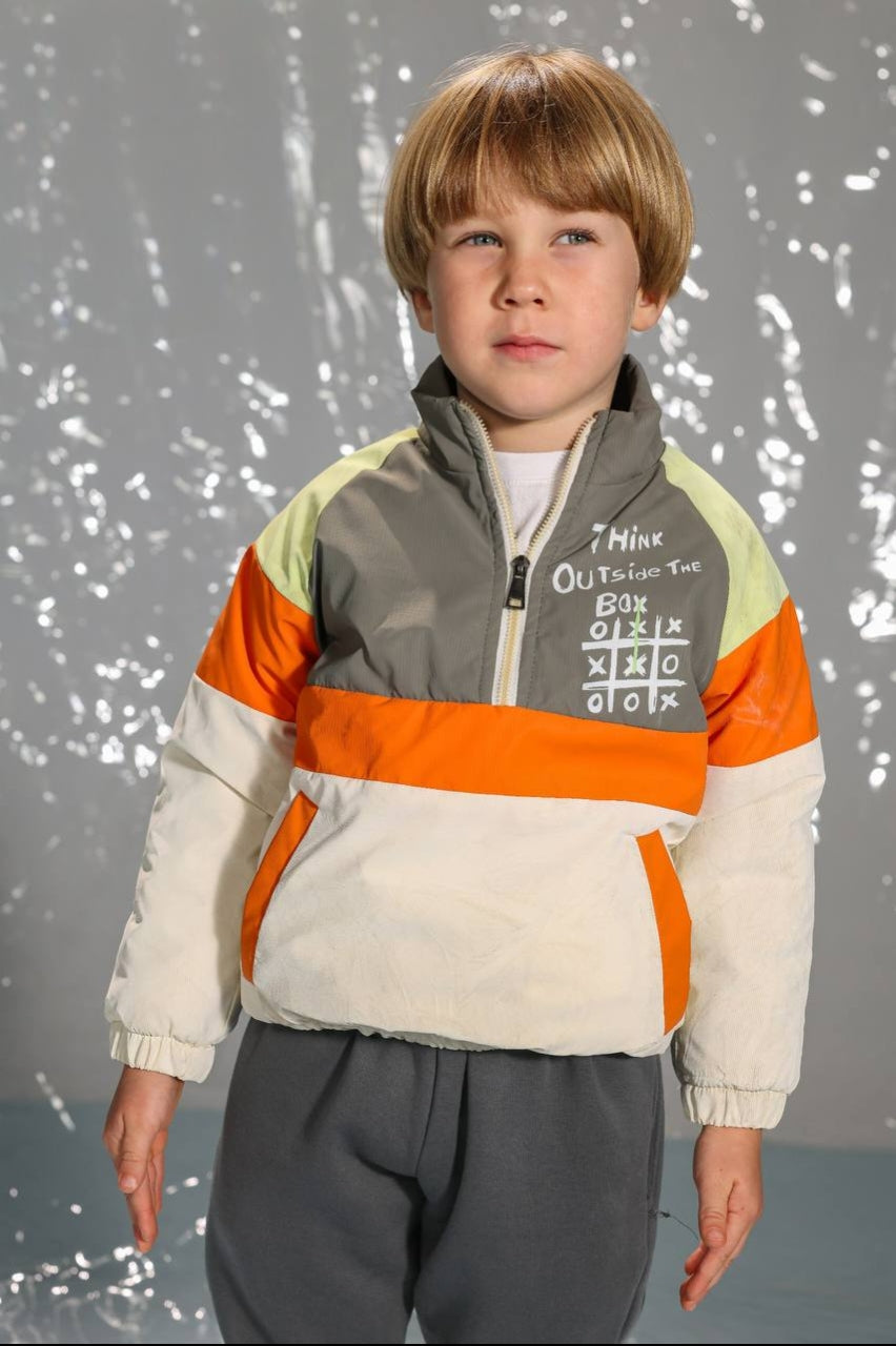 Kids Color Block Quarter-Zip Windbreaker Jacket – Orange, Grey & Cream