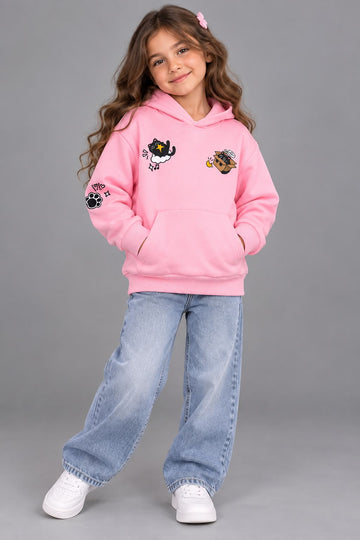 Girls’ Pink Cute Cat Graphic Hoodie – Cozy Pullover Sweatshirt with Front Pocket