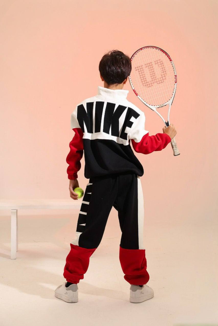 Boys’ Sporty Color Block Tracksuit Set – Red, Black & White Zip-Up Jacket with Jogger Pants