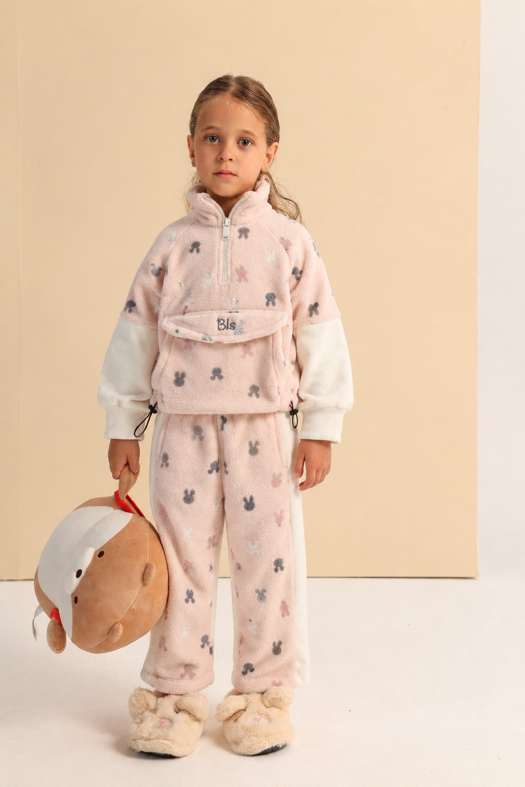 Girls’ Pink Plush Fleece Bunny Print Tracksuit Set – Cozy Half-Zip Pullover & Wide-Leg Pants