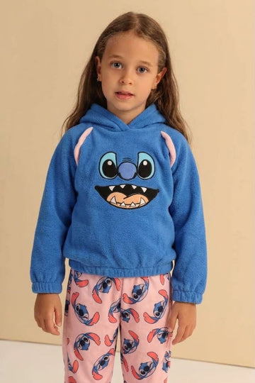 Girls’ Stitch Fleece Hoodie & Printed Pajama Pants Set – Blue and Pink Cozy Loungewear