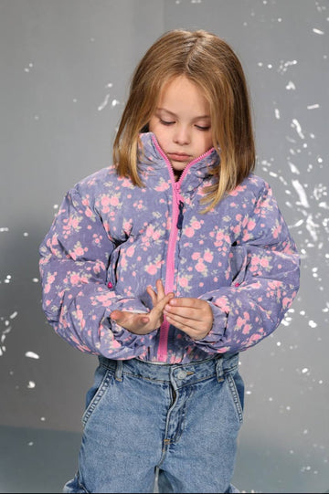 Girls’ Floral Puffer Jacket – Warm Quilted Winter Coat with Pink Zipper