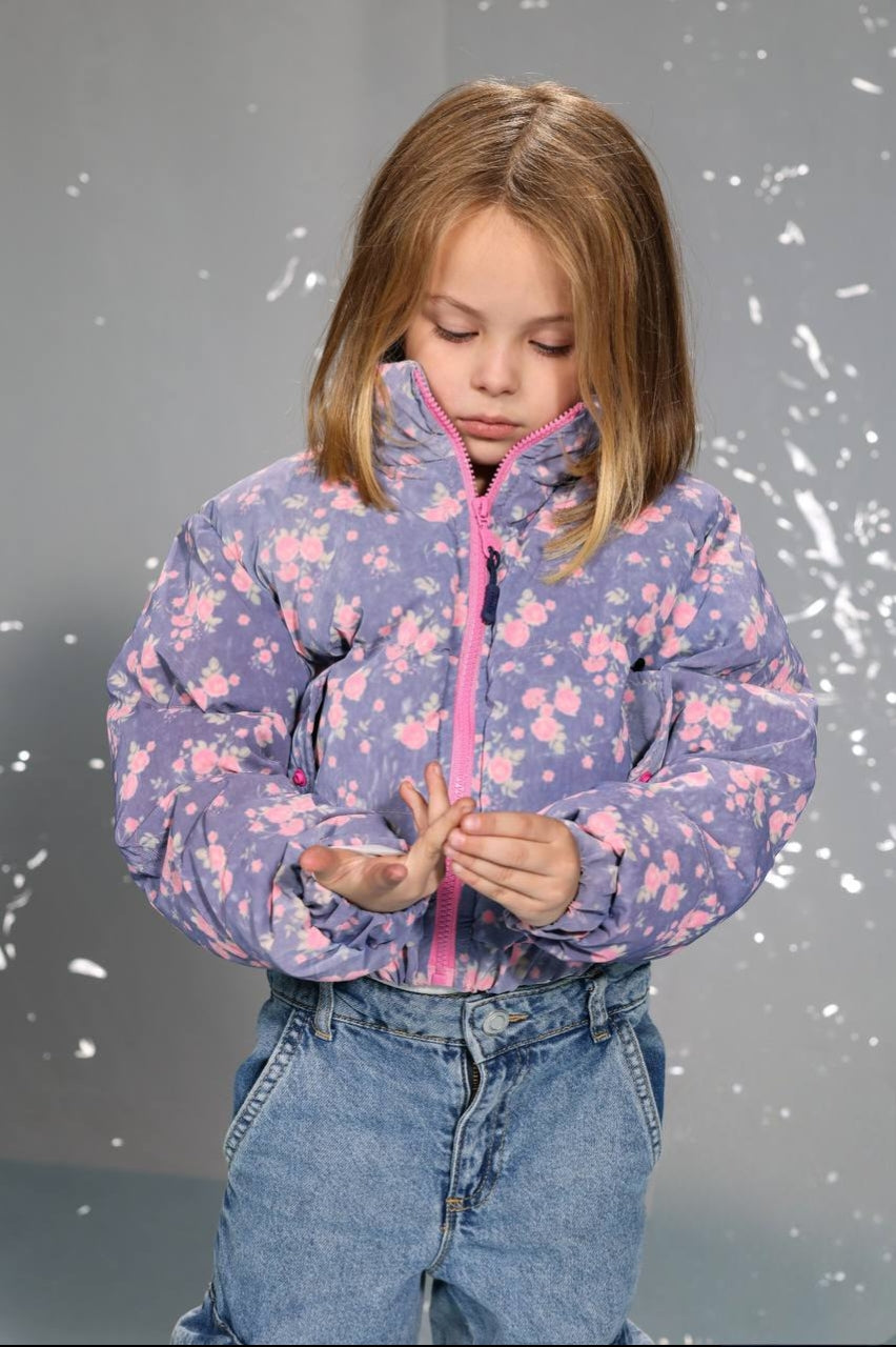 Girls’ Floral Puffer Jacket – Warm Quilted Winter Coat with Pink Zipper