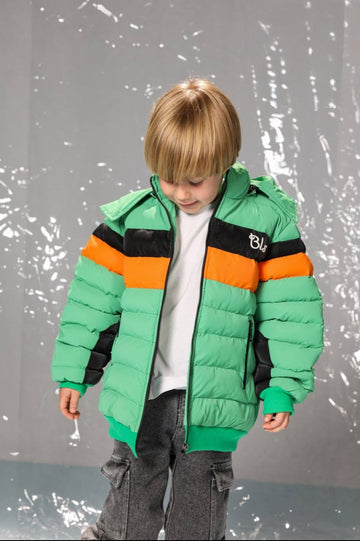 Boys’ Color Block Puffer Jacket – Green, Orange & Black Quilted Winter Coat with Hood