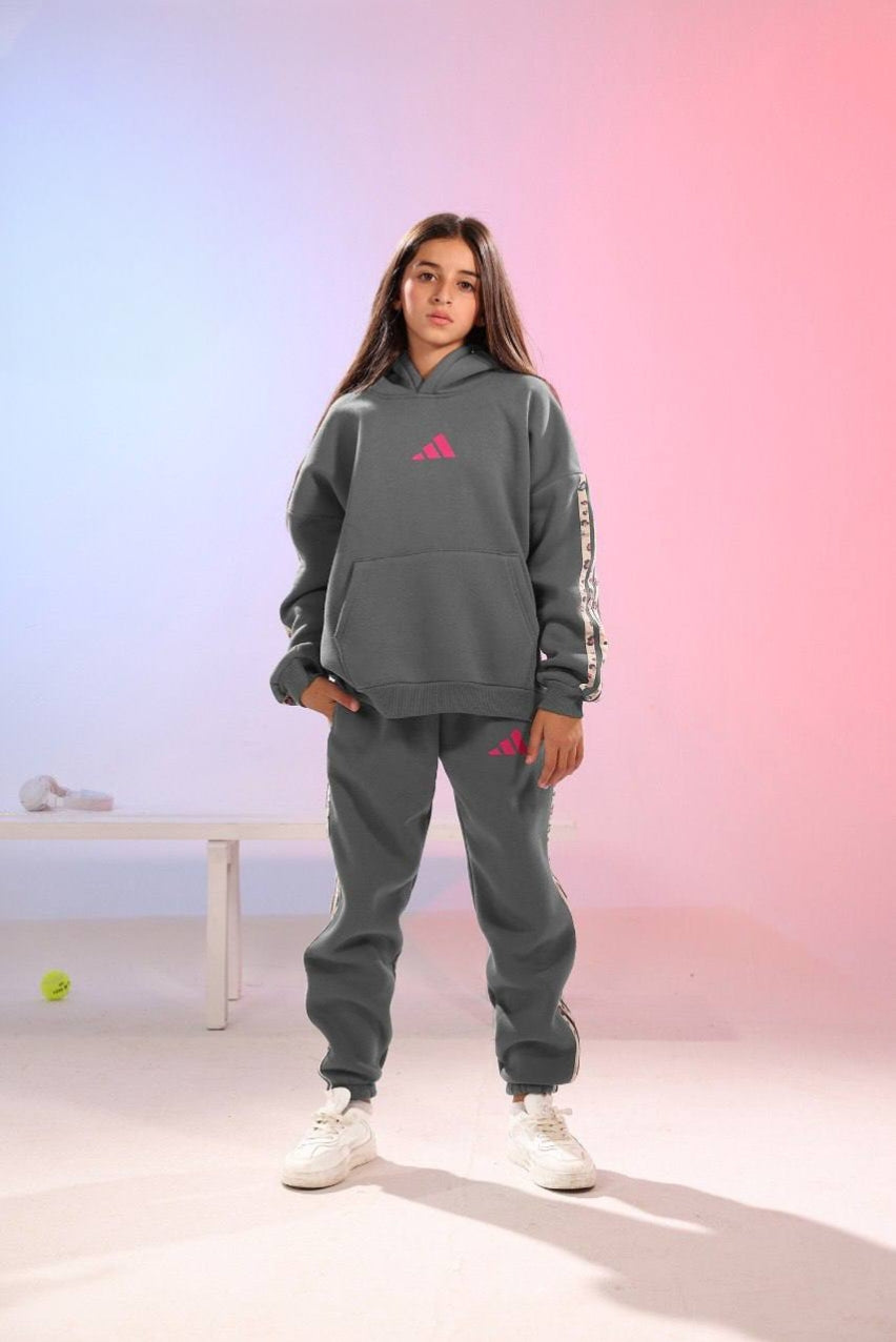 Girls’ Grey Hoodie & Jogger Tracksuit Set with Contrast Sleeve Tape