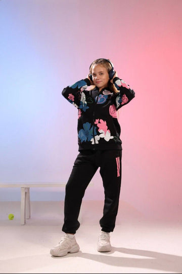 Girls’ Black Floral Zip-Up Tracksuit Set with Colorful Printed Hoodie & Joggers