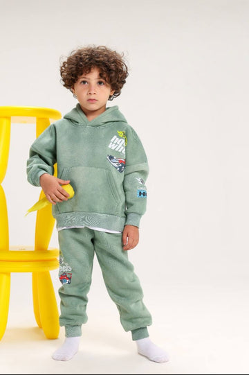 Kids' Sage Green Racing Print Hoodie & Jogger Set – Sporty Two-Piece Tracksuit