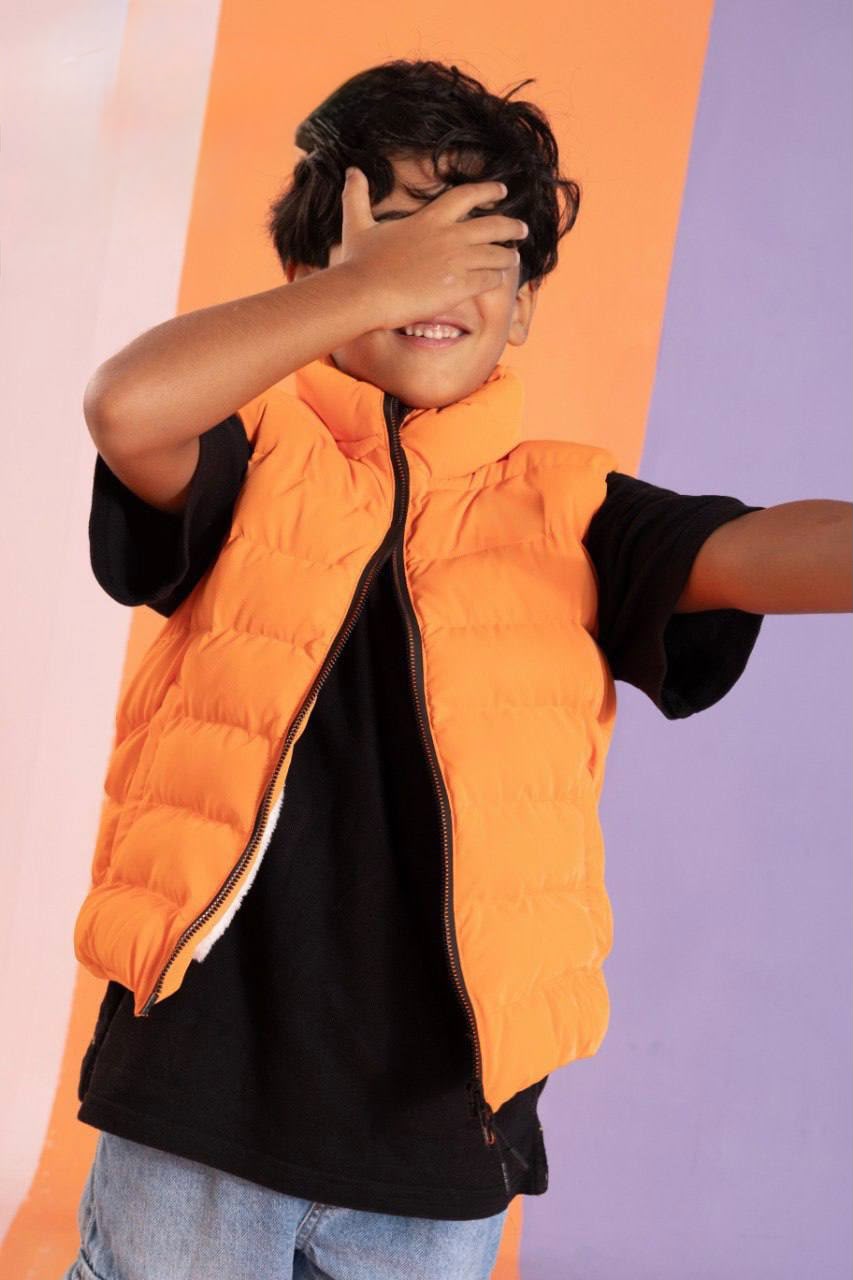 Boys’ Orange Padded Gilet Vest – Sleeveless Quilted Jacket with High Collar & Full-Zip Closure