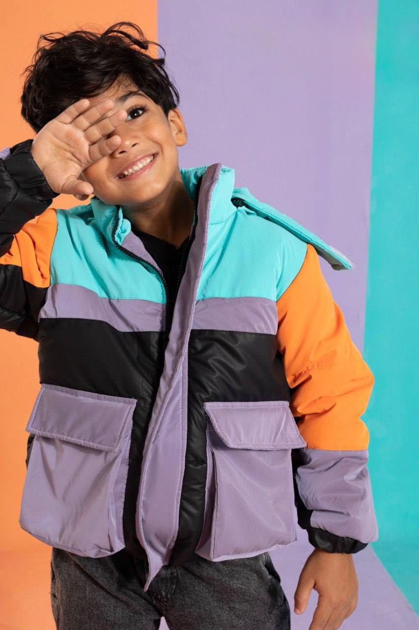 Boys’ Color block Puffer Jacket – Multicolor Hooded Winter Coat with Flap Pockets