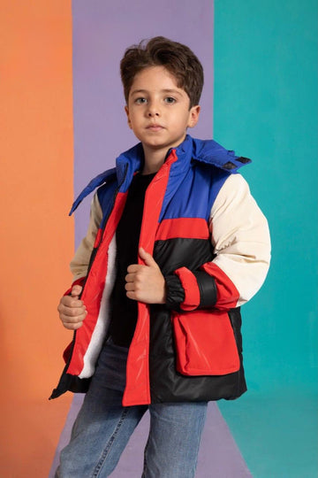 Boys’ Color-Block Padded Winter Jacket – Blue, Red & Black with Full-Zip Closure