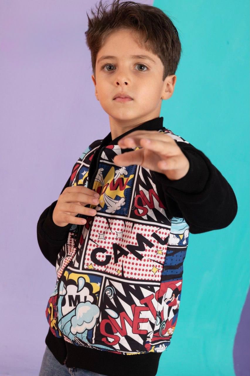 Boys’ Reversible Double Face Bomber Jacket – Black Comic Print Zip-Up Jacket