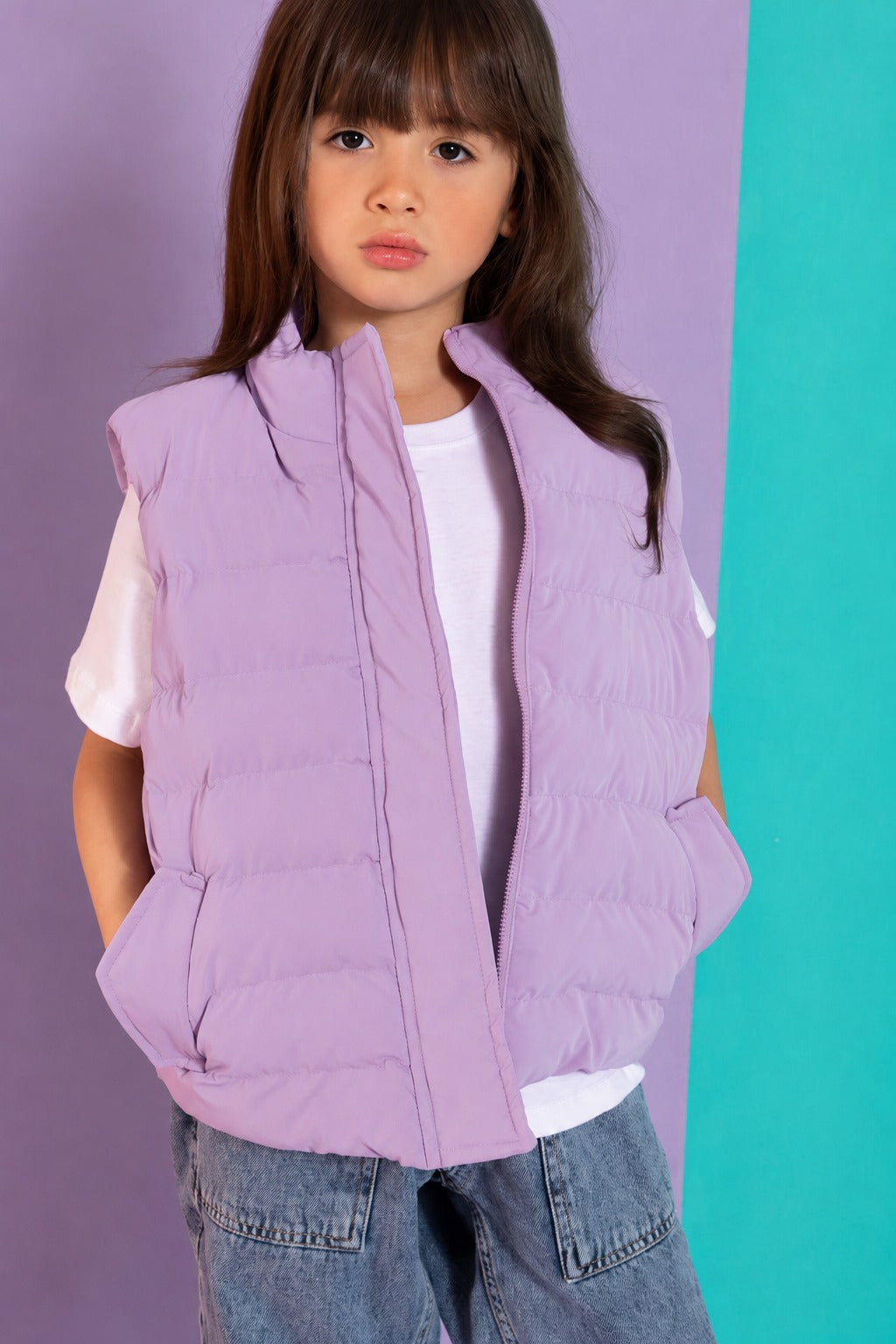 Girls’ Reversible Double-Face Puffer Jacket – Lilac Sleeveless Padded Vest with High Collar