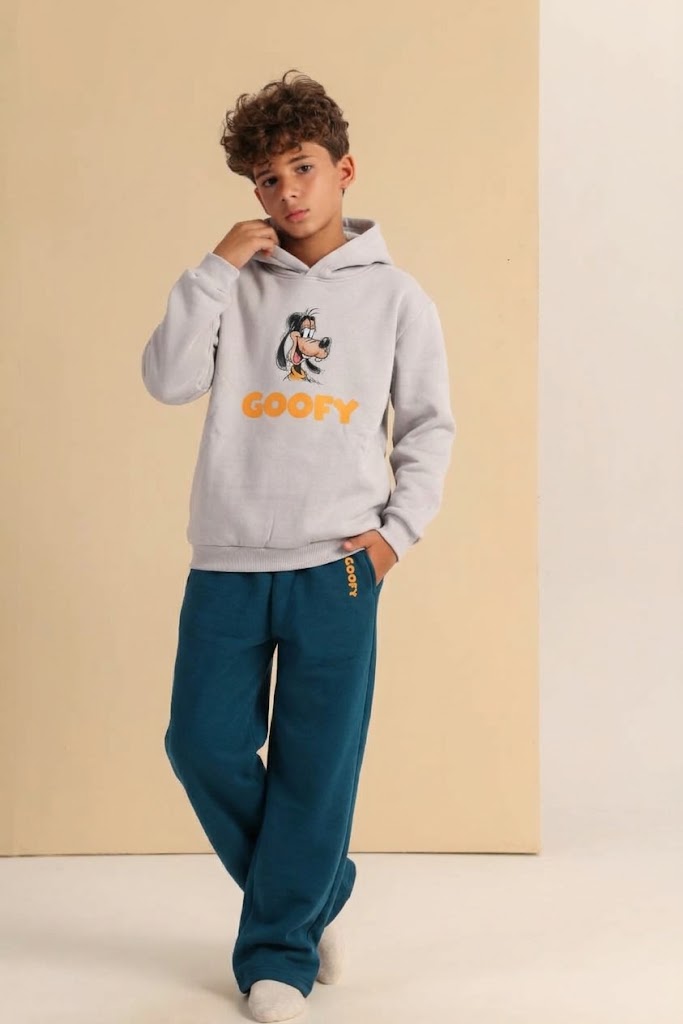 Boys’ Goofy Graphic Hoodie and Jogger Set – Grey Pullover Sweatshirt with Teal Wide-Leg Pants