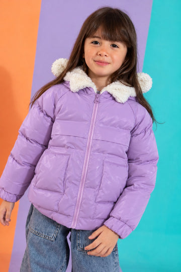 Girls’ Lilac Puffer Jacket with Teddy Bear Hood – Padded Winter Coat with Fleece-Lined Hood and Front Pockets