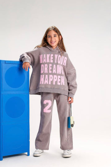 Girls’ 2-Piece Oversized Hoodie & Wide-Leg Sweatpants Set – Pink Graphic Print