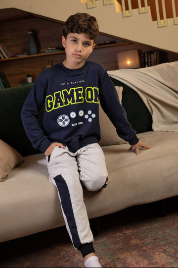 Boys’ Game On Sweatshirt & Jogger Set – Navy Blue Gaming Print Tracksuit with Grey Pants