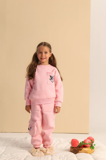 Girls’ Pink Kuromi Sweatshirt & Cargo Joggers Set – Cartoon Graphic Two-Piece Tracksuit