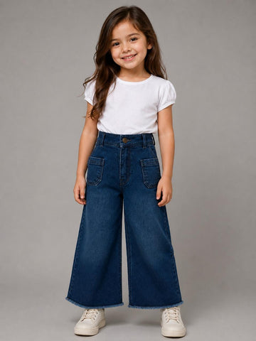 Girls’ Dark Blue Wide-Leg Denim Jeans with Front Patch Pockets – Casual Kids’ Trousers