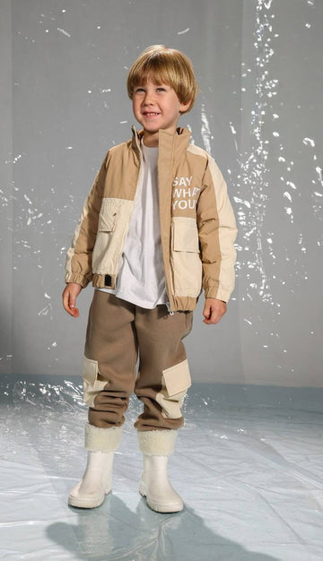 Kids' Color-Block Zip-Up Jacket with Utility Pockets – Beige & Cream Casual Outerwear