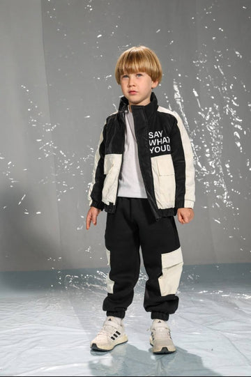 Boys’ Black and White Color Block Jacket & Cargo Jogger Set with Zip-Up Front