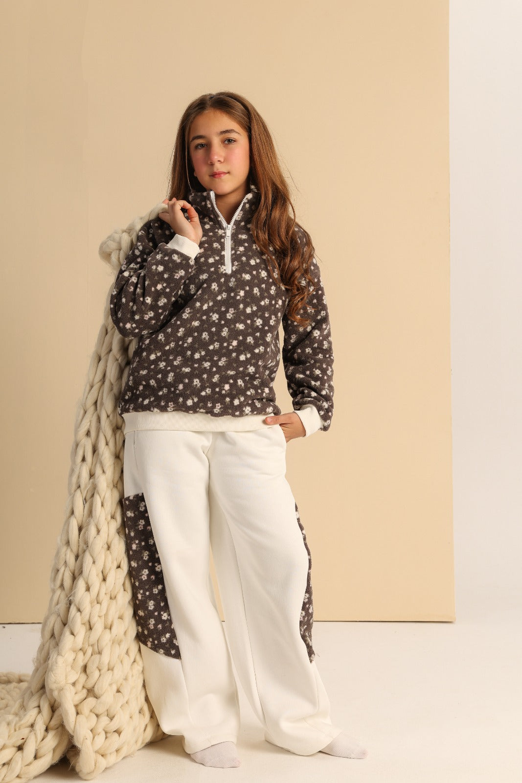 Girls' Brown Floral Fleece Half-Zip Pullover & Cream Wide-Leg Trousers Set