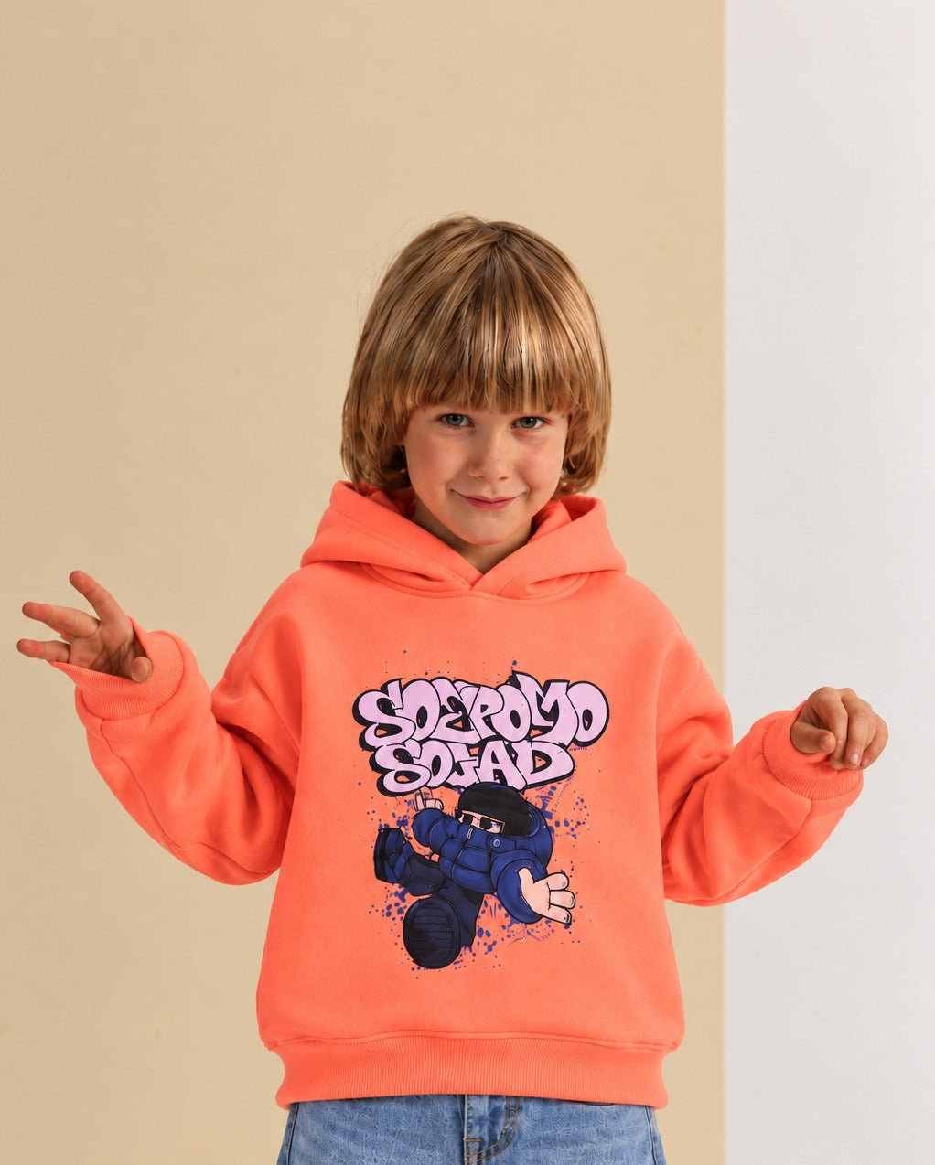 Kids' Coral Graphic Hoodie – Long-Sleeve Pullover Sweatshirt with Cartoon Print