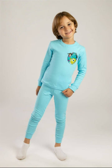 Kids’ Turquoise Pajama Set with Cartoon Character Print – Long Sleeve Top & Matching Pants