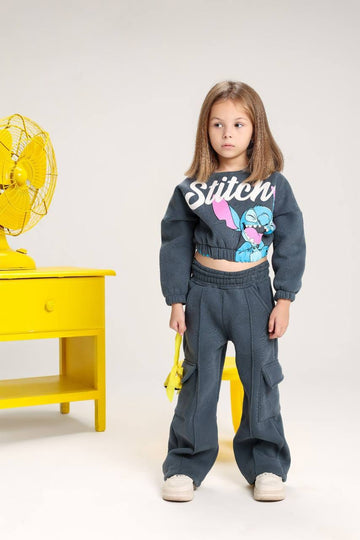 Girls’ Stitch Cropped Sweatshirt & Wide-Leg Cargo Pants Set – Charcoal Grey Casual Outfit