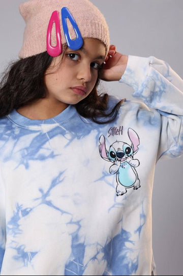 Girls’ Blue Tie-Dye Stitch Sweatshirt – Oversized Long-Sleeve Graphic Pullover