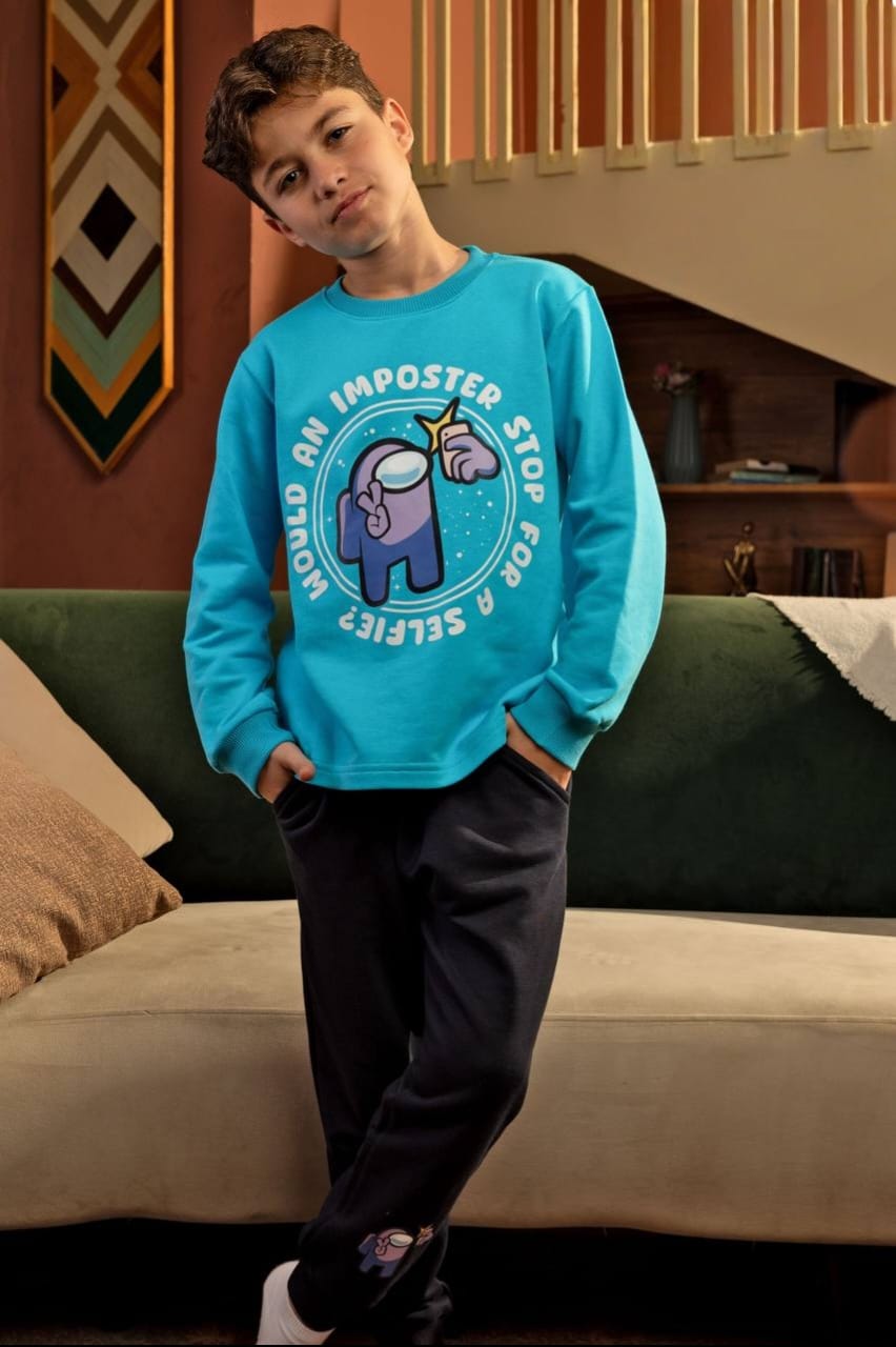 Boys’ Among Us Graphic Sweatshirt & Navy Joggers Set – Turquoise Gaming Outfit