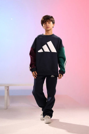 Boys’ Color Block Sweatshirt & Navy Joggers Set – Oversized Graphic Tracksuit
