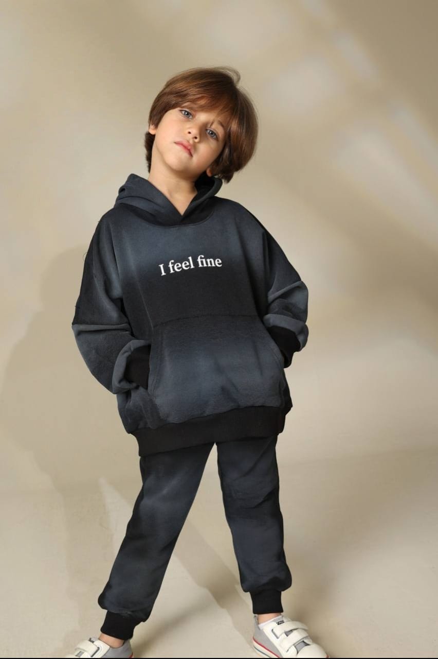 Boys’ Charcoal Grey Hoodie & Joggers Set – Oversized “I Feel Fine” Graphic Tracksuit