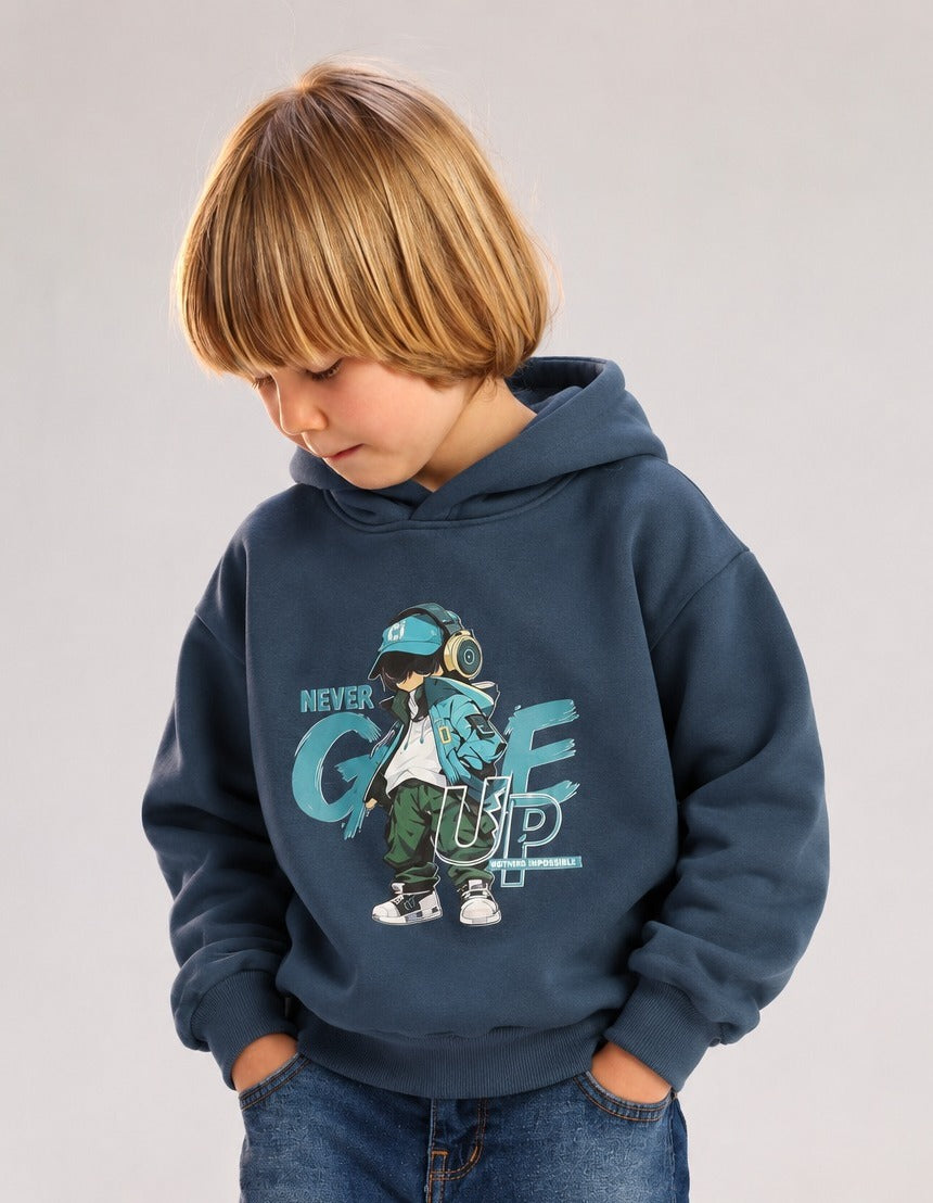 Boys’ Blue Anime Graphic Hoodie – Oversized “Never Give Up” Printed Pullover Sweatshirt