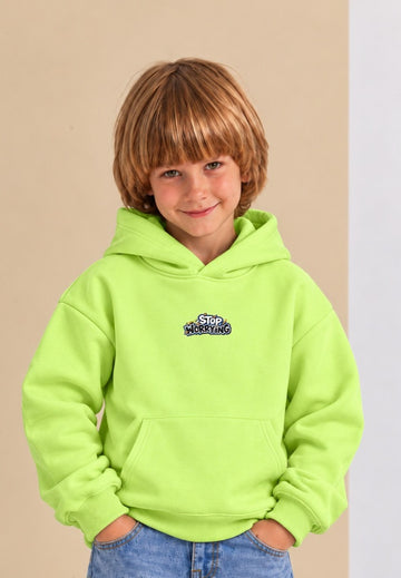Kids' Lime Green Hoodie – Minimalist Graphic Print Pullover Sweatshirt with Kangaroo Pocket