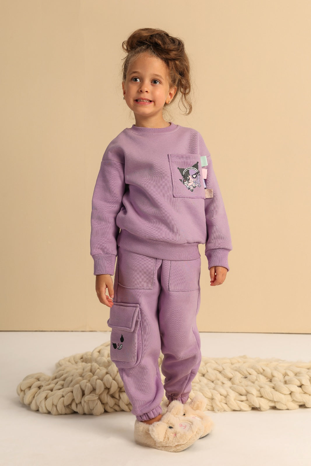 Girls’ Lavender Sweatshirt and Cargo Jogger Set with Cartoon Print and Utility Pockets