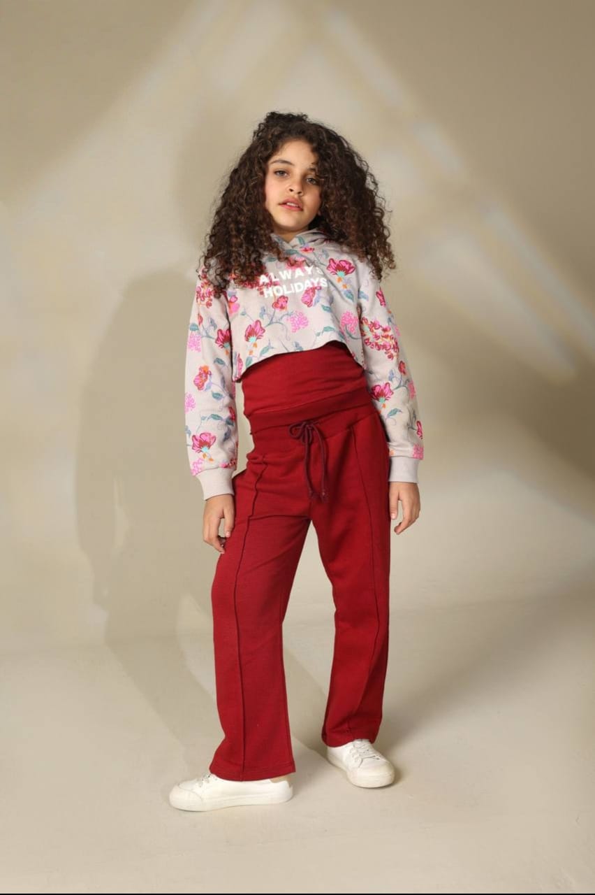 Girls' Floral Cropped Hoodie and Burgundy Wide-Leg Sweatpants Set – Two-Piece Casual Outfit
