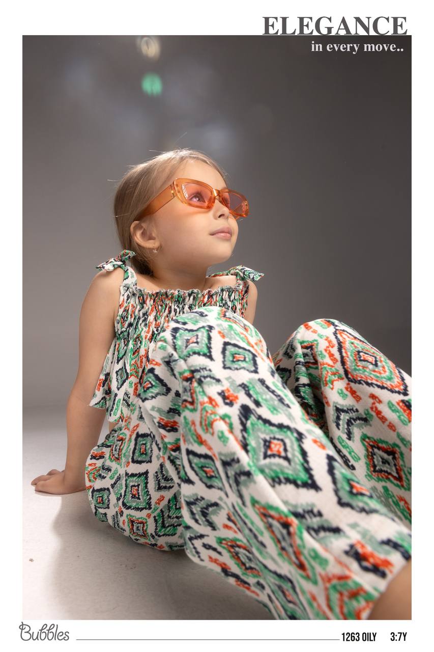 Girls Printed Smocked Crop Top & Wide-Leg Pants Set – Lightweight Summer Outfit (Ages 3–7)