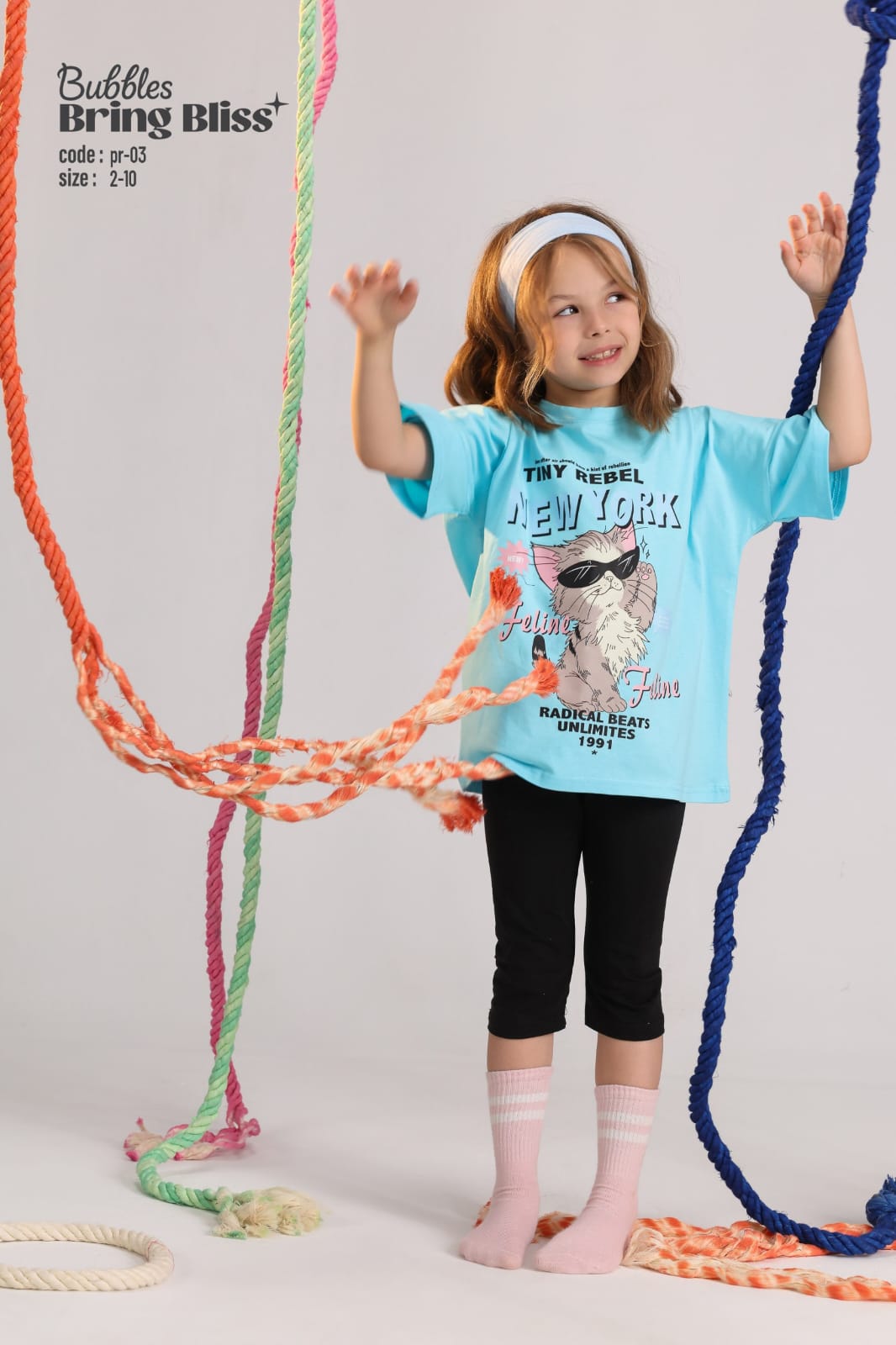 )Girls Turquoise Graphic T-Shirt – “Tiny Rebel New York” Cat Print | Kids Size 2–10 (PR-03