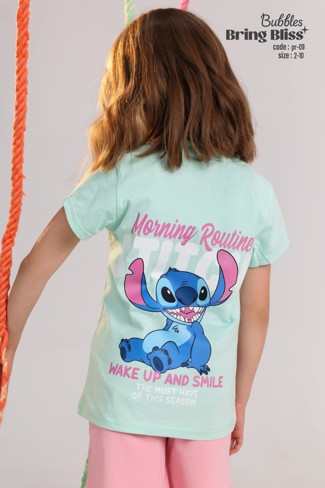 Girls Stitch Print T-Shirt & Shorts Set – Mint Green & Pink Summer Outfit (Ages 2–10)