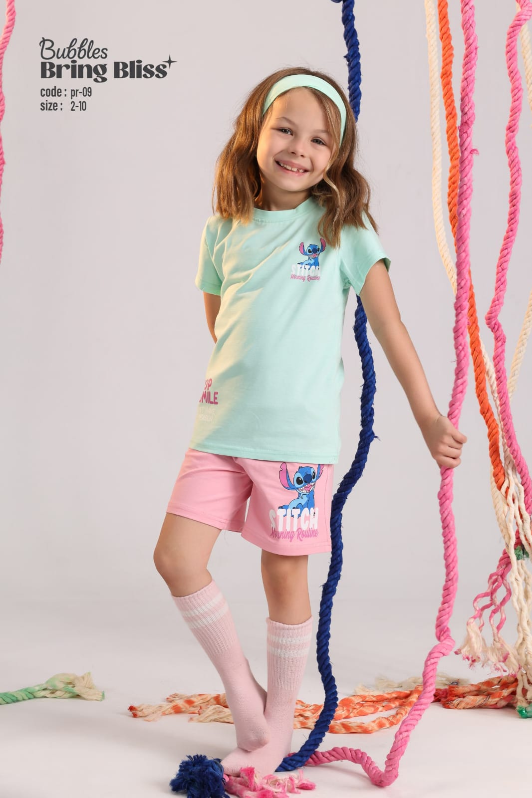 Girls Stitch Print T-Shirt & Shorts Set – Mint Green & Pink Kids Summer Outfit (Size 2–10)