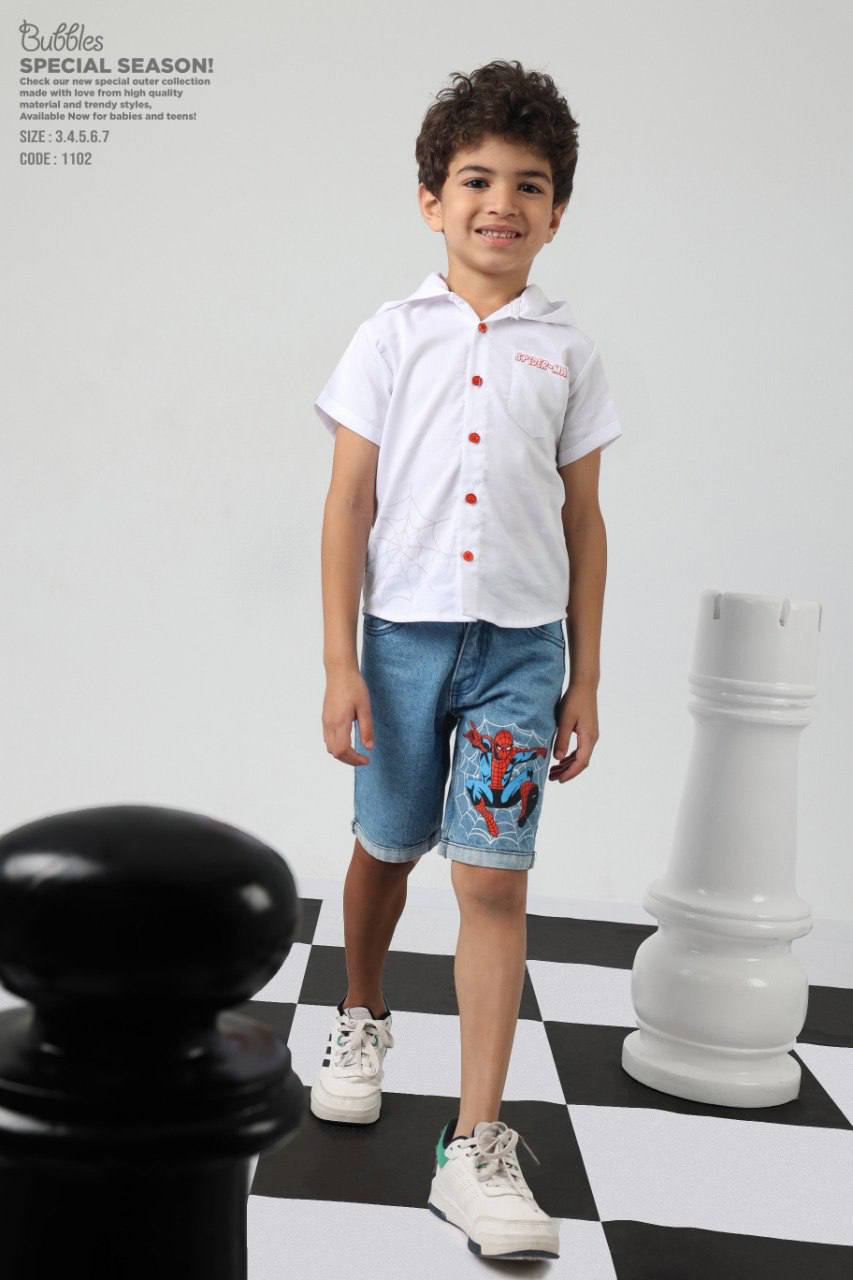 Boys Spider-Themed Shirt & Denim Shorts Set – White Button-Up Casual Outfit (size 3-7)