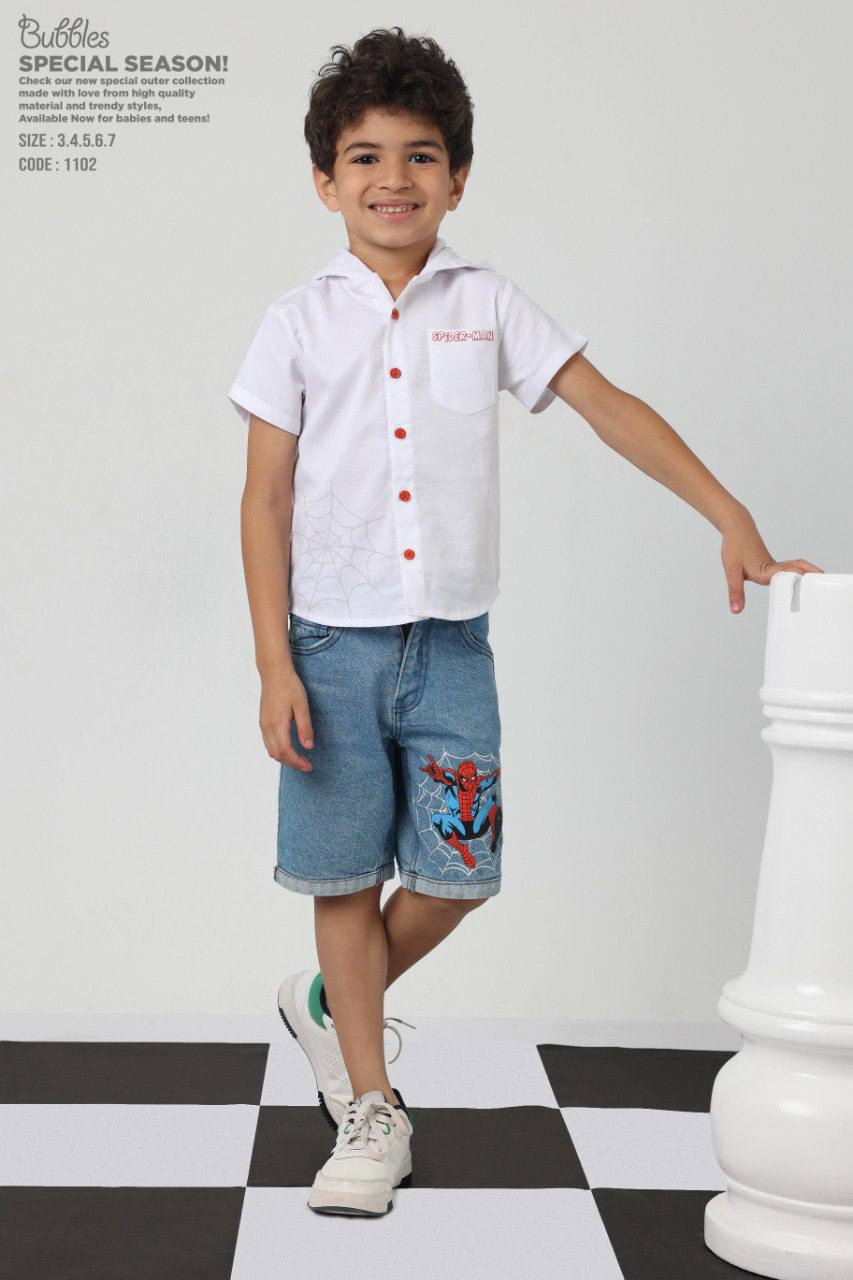 Boys Spider-Themed Shirt & Denim Shorts Set – White Button-Up Casual Outfit (size 3-7)