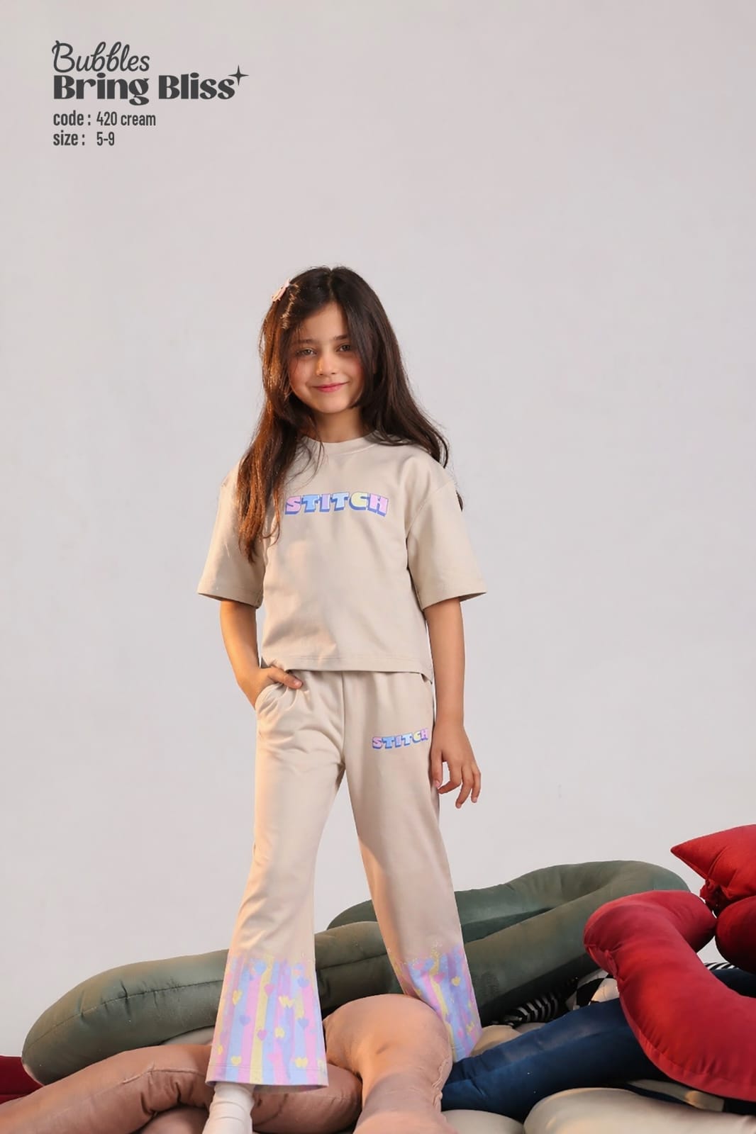 Girls Stitch Print Beige T-Shirt & Wide-Leg Pants Set (Size 5–9) – Soft Cotton Casual Outfit