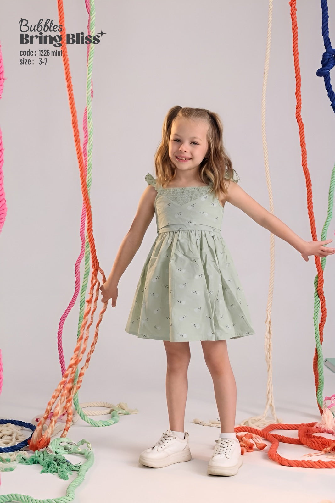 Girls Light Green Summer Dress with Smocked Bodice & Ruffle Straps – Soft Cotton Casual Dress (Size 3–7)